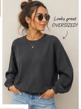 Madewell Balloon Sleeve Sweatshirt Black Size Medium Relaxed Crewneck Pullover